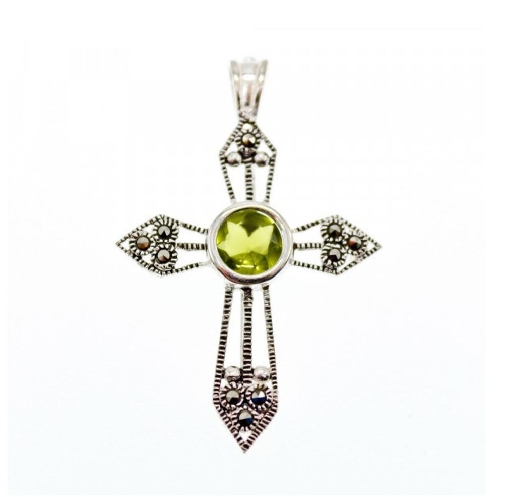 925 Sterling Silver Peridot & Marcasite Cross Pendant